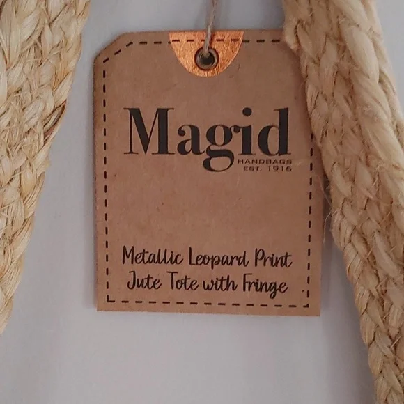 NWT Magid Large Metallic Leopard Print Jute Tote with Fringe and Tassels - Picture 2 of 9